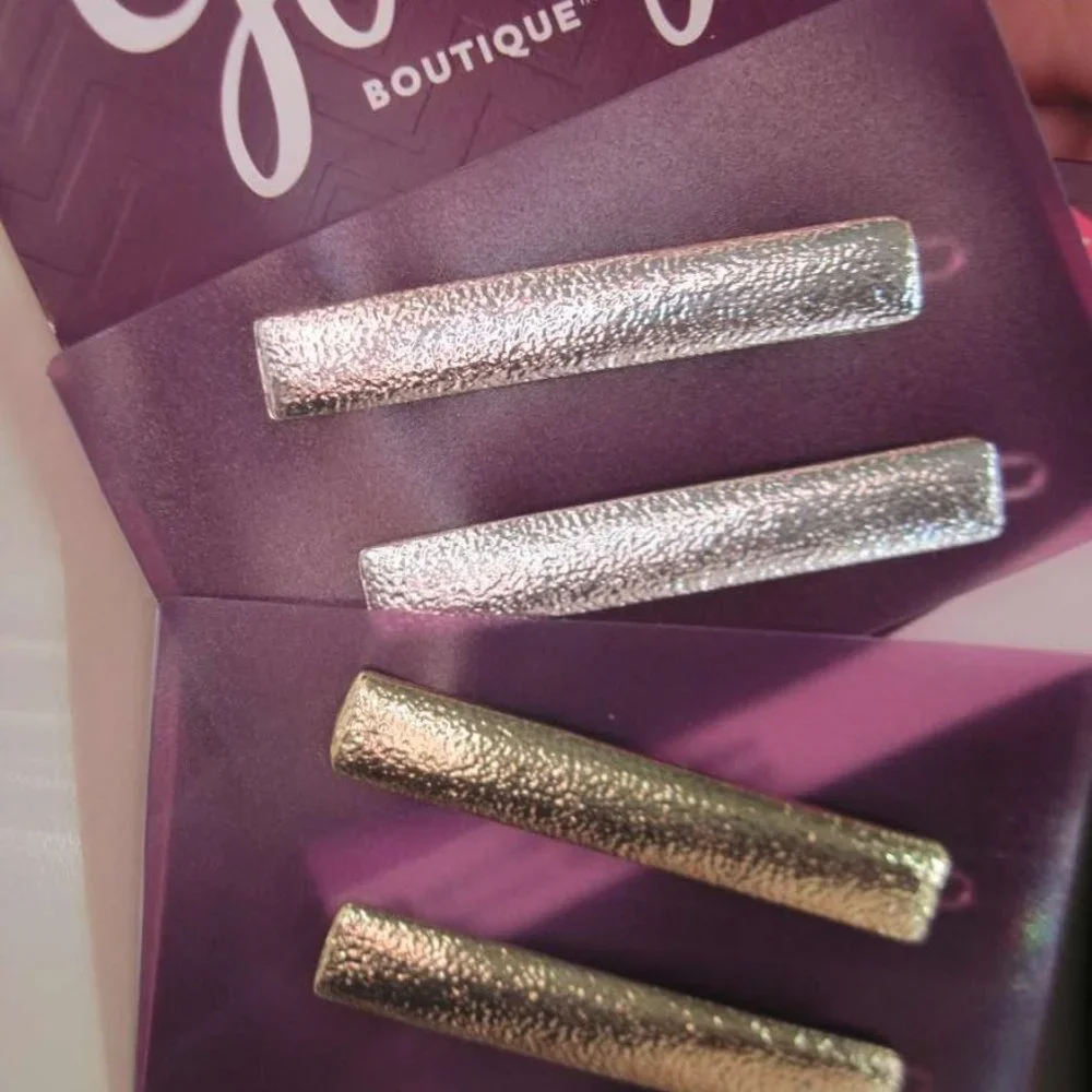 2 Goody Boutique Textured Metal Hair Barrettes Secure Back Clips Stay Tight Gold